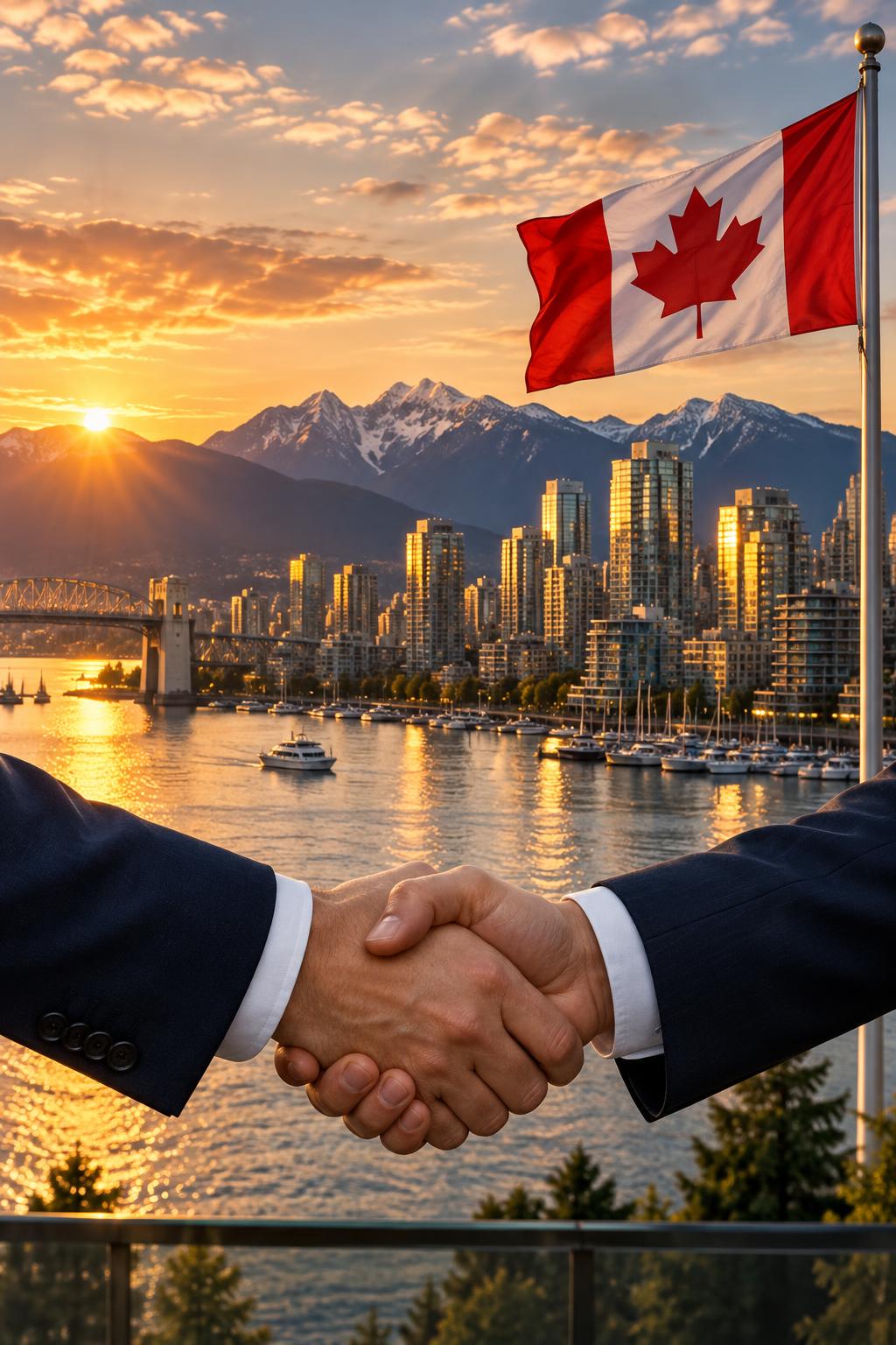 Vancouver skyline, Canadian flag and an investment partnership